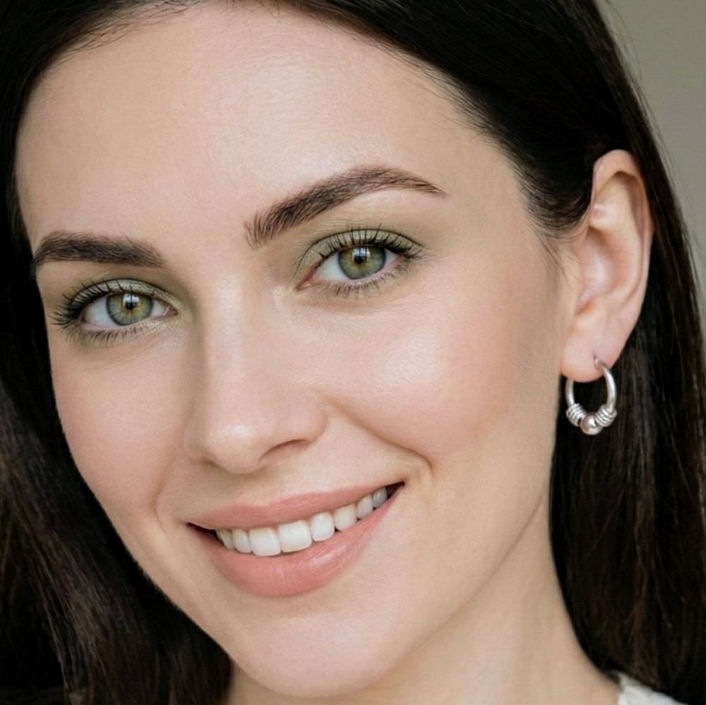 Silver Beaded Hoop Earrings Stainless Steel Textured Boho Minimalist Huggie 0.9" - Picture 9 of 15